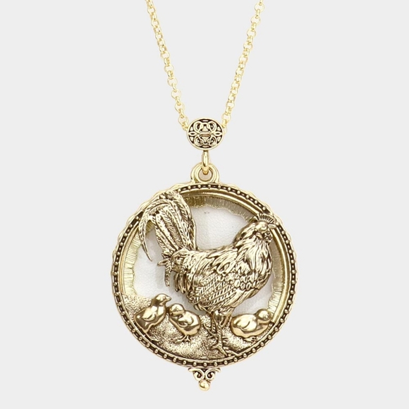 Gold Long Rooster Magnifying Glass Pendant Necklace Antique Round - Picture 1 of 2